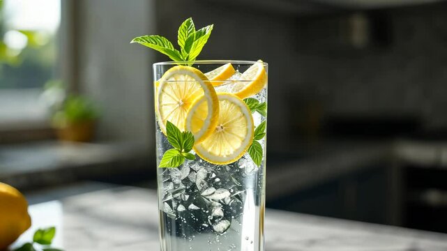 Refreshing lemon mint water in sunlit kitchen: closeup and perspective shift