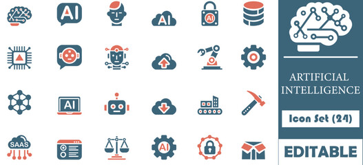 Fototapeta premium This AI icon set includes 24 sleek, modern icons in navy blue and orange. Ideal for AI, machine learning, robotics, and data projects. Fully editable and scalable.