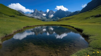 Naklejka premium Alpine meadow reflecting mountains in tranquil pool