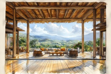 Fototapeta premium Watercolor illustration of a luxurious veranda overlooking a mountain landscape