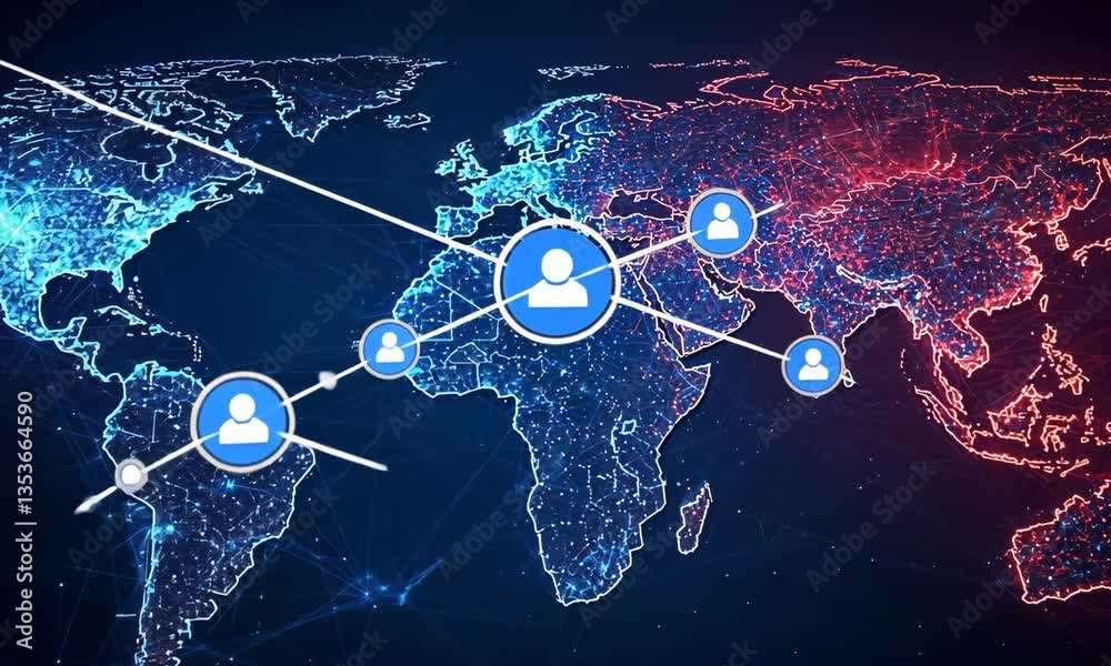 Poster global network connecting world with dots and lines on a blue earth map background for digital commu