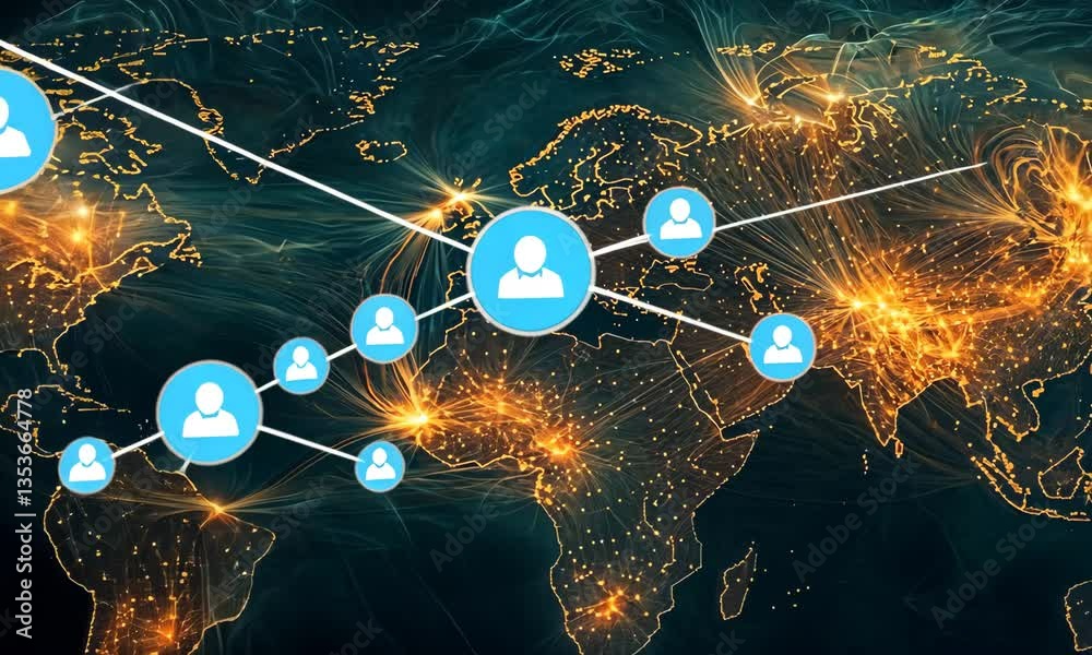 Poster Global Network Connection with Illuminated Orange Dots and Nodes on World Map Background