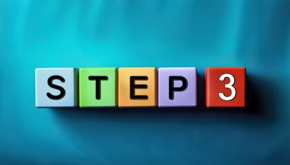 進度のステップ3を意味する英単語のSTEP3の文字が書かれた木製のキューブブロック。AIで生成