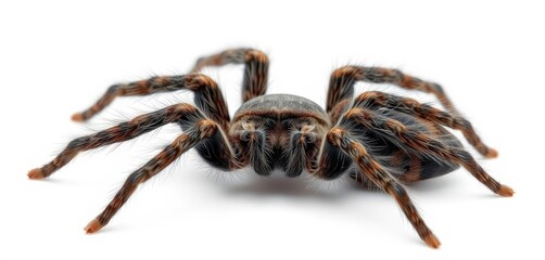 A hairy spider, eight legs splayed, isolated on pure white,  nature photography, arthropod