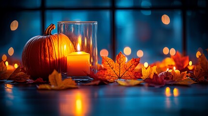Autumn still life with pumpkin, candle, and leaves.