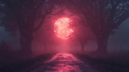 Obraz premium Misty path, vibrant moon