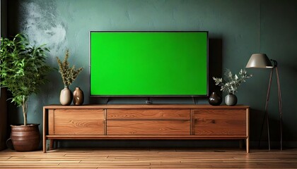 Smart TV with a Blank Green Screen Set on a Wooden Tabletop
