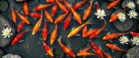 A school of vibrant koi fish, predominantly orange and red, swimming amongst white lilies and rocks, aquatic,  background