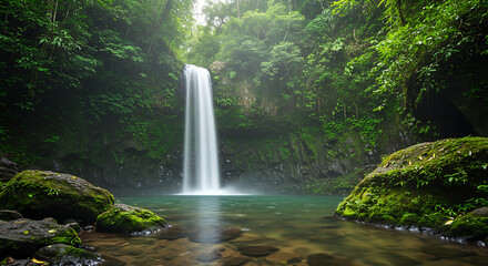 Fototapeta premium Majestic waterfall cascading into a lush green forest