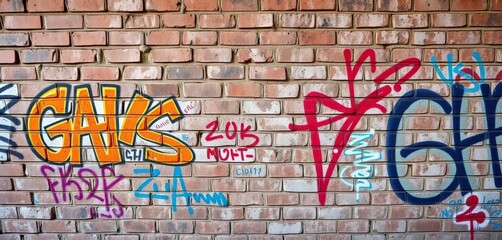 Obraz premium A weathered brick wall, heavily tagged with vibrant graffiti, showing layers of paint and decay, vandalism, shadow