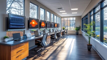 Multiple workstations in radiology reading room with ergonomic furniture setup