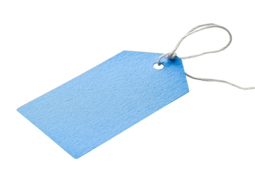 Single Light Blue Paper Gift Tag with Twine String. Isolated on a Transparent Background
