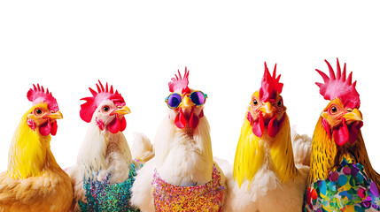 Creative animal concept. Group of chicken in funky Wacky wild mismatch colourful outfits on bright background advertisement, copy space. birthday party invite invitation banner