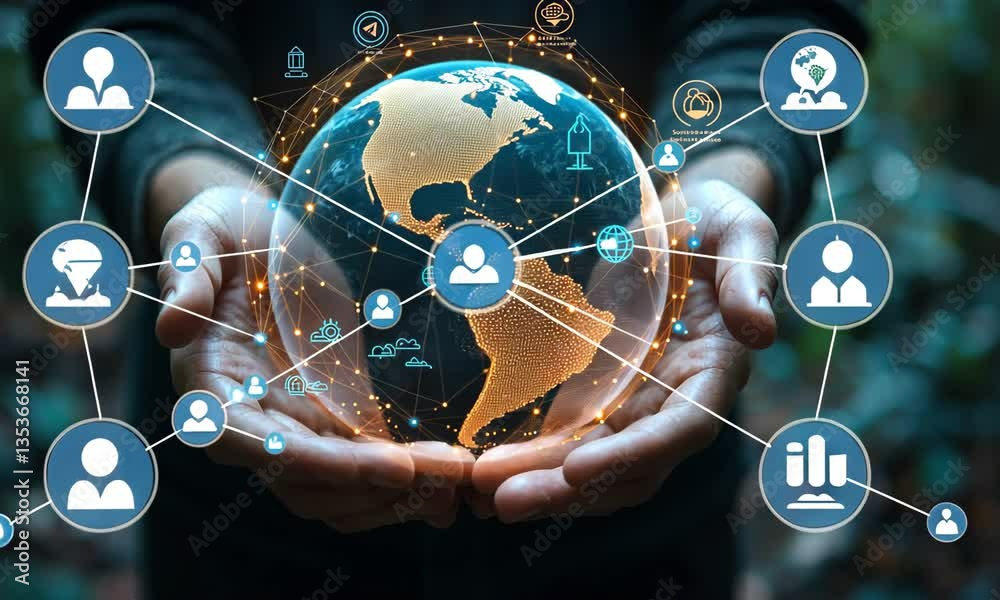 Poster hands holding digital globe with connection nodes in a forest setting with teal tones and networked 