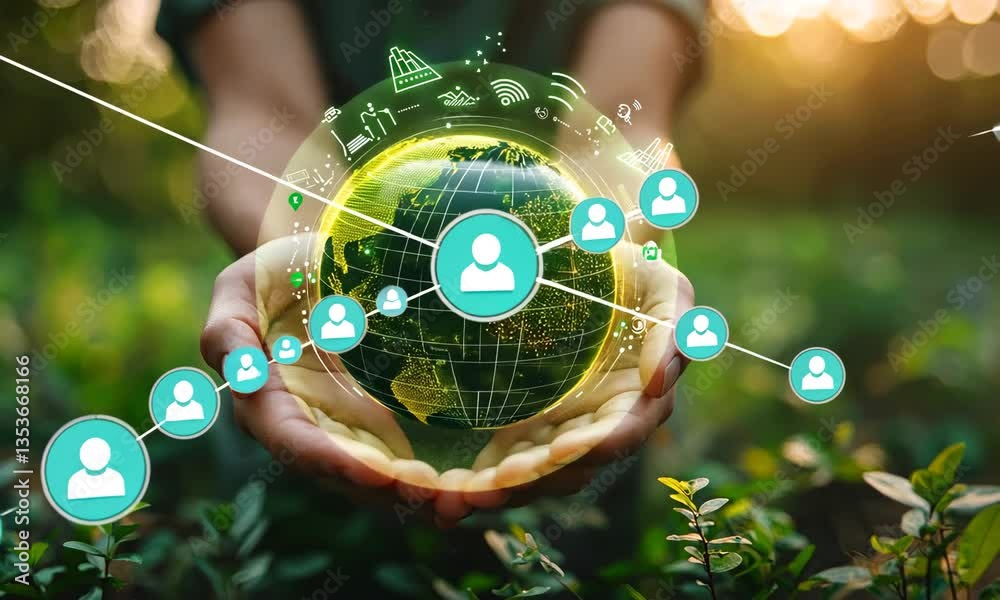 Poster hands holding digital sphere with greenery and user icons connected by lines in a natural setting