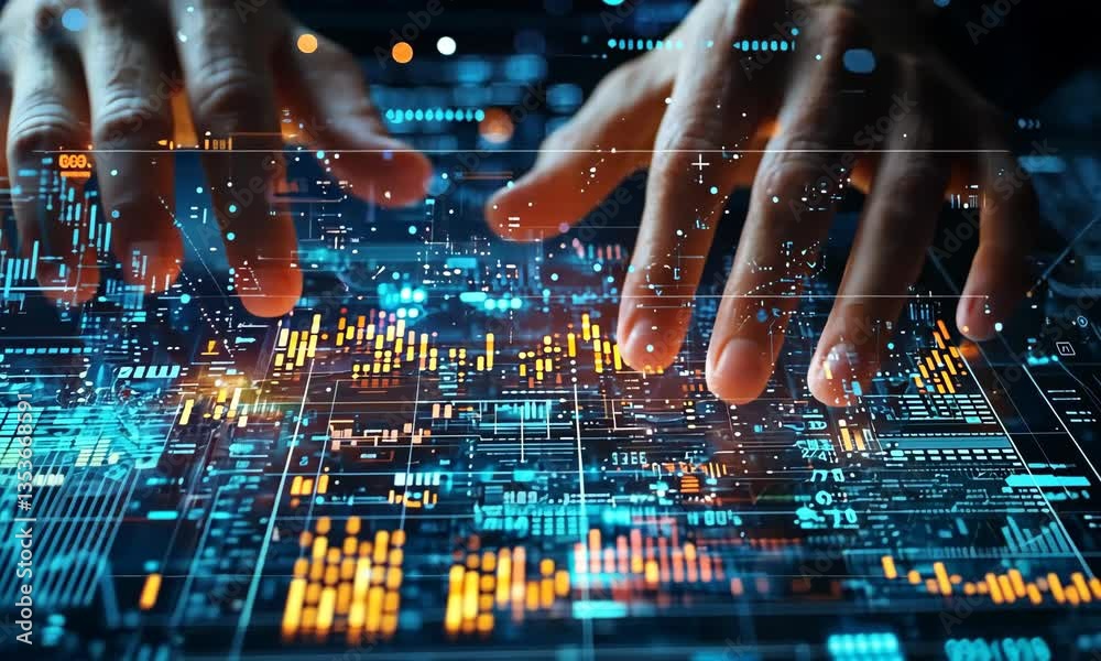 Poster hands interact with glowing futuristic technology display with abstract data visualization in cyber 
