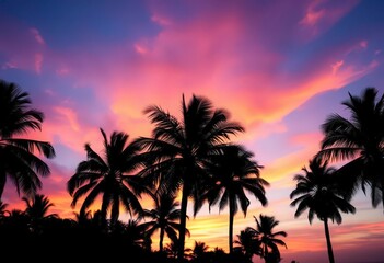 Dark silhouettes of palm trees against a vibrant sunset sky,  sky background, paradise
