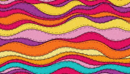 Groovy Retro Waves with Textures Illustrate a vibrant retro pattern with wavy lines in various bright colors, incorporating textures like fabric or paper