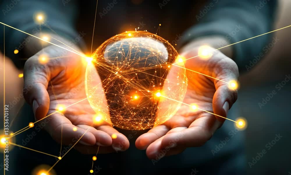 Poster illuminated sphere being held in hands displaying connected nodes on dark background featuring an ab