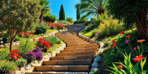 Obraz premium Elegant stone steps wind through a vibrant, sun-drenched garden, serenity, calm