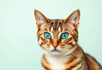 Emerald-eyed cat, serene pose against pastel mint backdrop, wildlife, fluffy