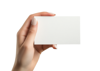 Close-Up of a Hand Presenting a White Business Card. Isolated on a Transparent Background