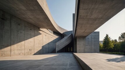 Modern Concrete Gray Building Structure with Open View. Minimalistic Urban Architecture City