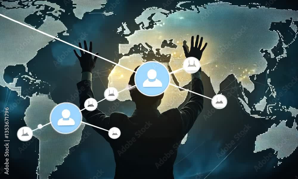Poster person connecting global network with digital interface on world map background