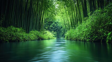 Obraz premium Serene Bamboo Forest River: Tranquil waterway scene amidst dense bamboo growth