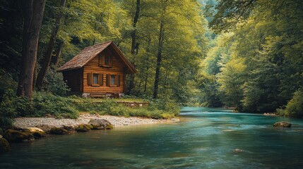 Secluded Wooden Cabin by a Tranquil River in Lush Green Forest Scenery