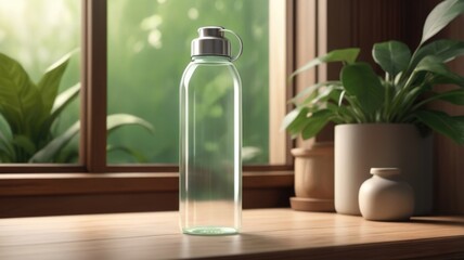Close-Up of a Sparkling Water Bottle with Sunlight Reflection Against a Blurred Nature Backdrop. With space for text