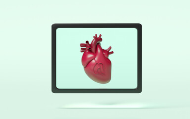 3d x ray film realistic human heart isolated on green background. check heart health, health love, world heart day concept, 3d illustration render