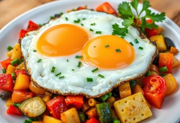 Golden fried eggs sunny-side up atop a vibrant medley of sauteed vegetables, vegan option, fried eggs