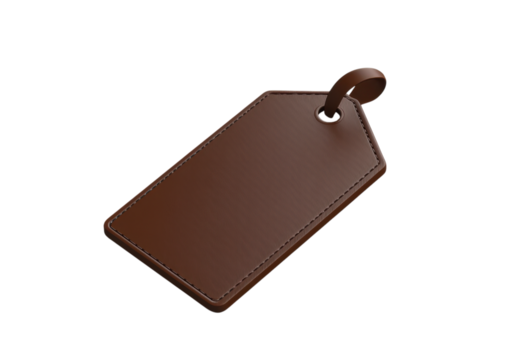 Dark Brown Leather Name Tag with Rounded Edges and Strap. Isolated on a Transparent Background