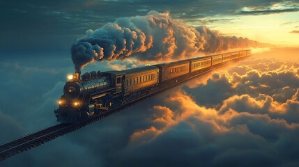 Vintage steam train traversing a dreamy landscape above the clouds at sunset