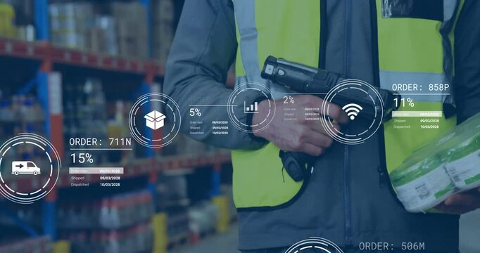 Using scanner, warehouse worker analyzing digital data with animation overlay