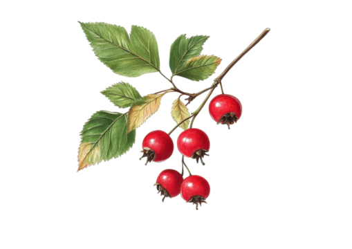 Small Red Cherries with Green Leaves on a Branch. Isolated on a Transparent Background
