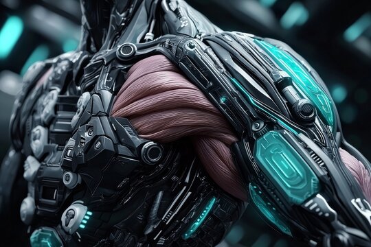 A biomechanical humanoid with cybernetic enhancements and exposed organic muscle intertwined with sleek black armor and cyan-lit components. A fusion of man and machine.