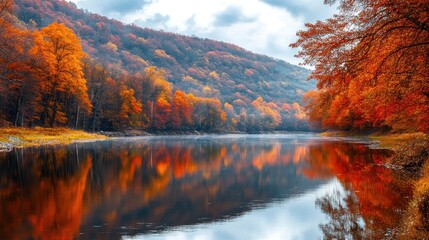 Naklejka premium Serene autumnal river scene with vibrant foliage reflecting in calm water