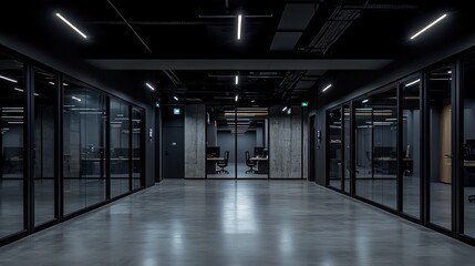 Modern, dark office hallway