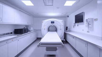 Wide shot of bone scan equipment room with gamma camera
