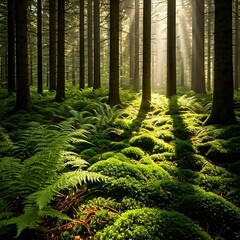 Green forest in the morning with long tree.