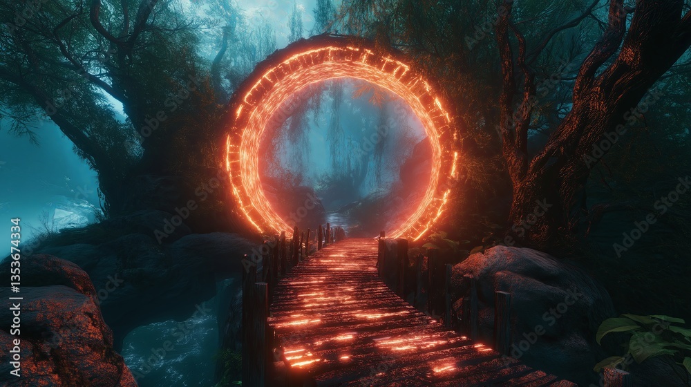 Fototapete a futuristic bridge extending into an infinite glowing tunnel