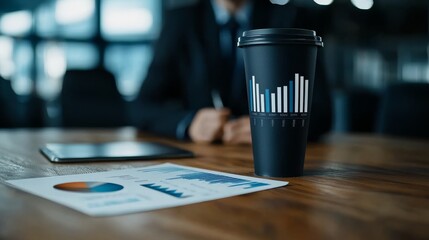 Business charts on coffee cup near financial report and tablet A successful business meeting concept