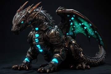 A futuristic biomechanical dragon with a sleek metallic exoskeleton, glowing cyan lights, and intricate cybernetic wings, blending technology with fantasy in a cyberpunk sci-fi world.
