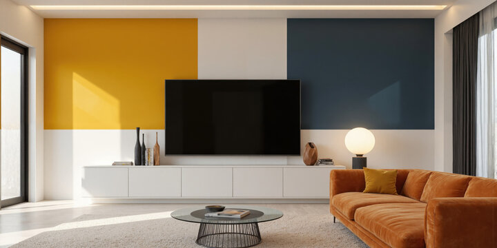 Bold and Modern Color-Blocked Living Room A vibrant and artistic living space featuring a large flat-screen TV mounted on a