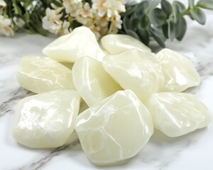 A pile of smooth and polished creamy white gemstones on marble