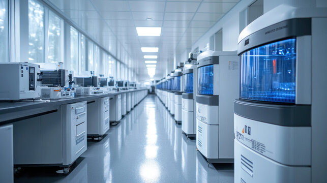 Chemistry lab instruments, professional laboratory featuring fume hoods, centrifuges, and advanced chromatographic analyzers