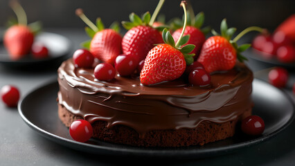 Delicious Chocolate Cake with Fresh Berries and Cherries