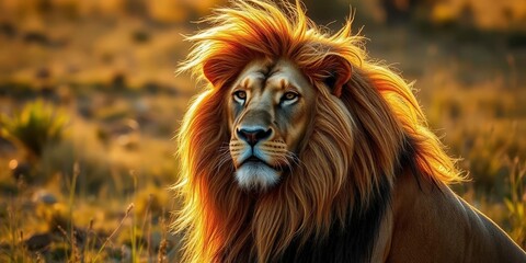Naklejka premium Majestic lion with flowing golden mane, sunlit savanna setting, wildlife photography, wild cat